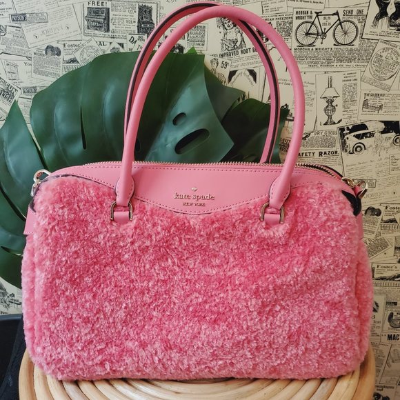 NWT Kate Spade Mimi Medium Faux Fur Pomegranate Smooth Leather Satchel Hand Bag